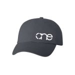 Charcoal Dad Cap with White One Logo side view of the front.