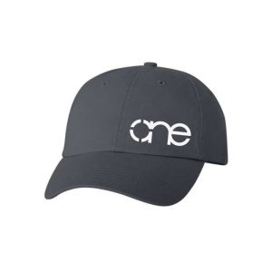 Charcoal Dad Cap with White One Logo side view of the front.