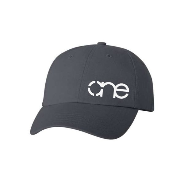 Charcoal Dad Cap with White One Logo side view of the front.