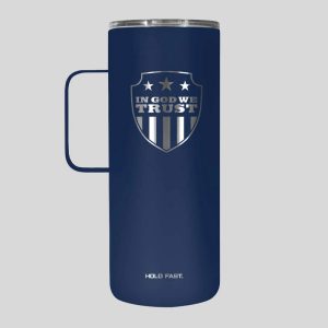 Kerusso, 22oz, navy blue stainless steel tumbler with handle featuring "In God We Trust".