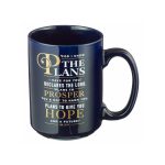For I know the plans I have for you - Jeremiah 29:11, 15oz navy blue mug, front face.