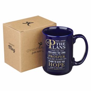 For I know the plans I have for you - Jeremiah 29:11, 15oz navy blue mug, with brown box.