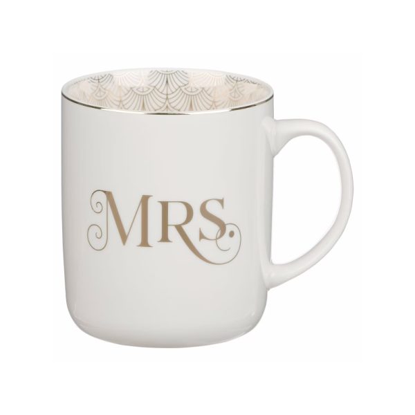Mr. & Mrs. White Ceramic Coffee Mug Set - Ecclesiastes 4:9 - Mrs. Mug Front.