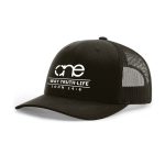 Black XL "One Way Truth Life" Trucker Hat with White logo, snapback, front side view.