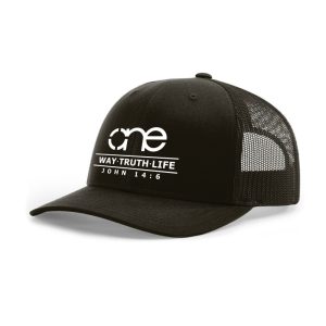 Black XL "One Way Truth Life" Trucker Hat with White logo, snapback, front side view.