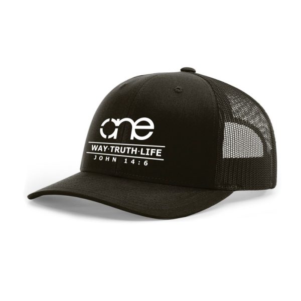 Black XL "One Way Truth Life" Trucker Hat with White logo, snapback, front side view.