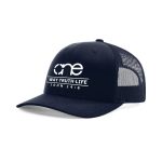 Navy Blue XL "One Way Truth Life" Trucker Hat with White logo, snapback, front side view.