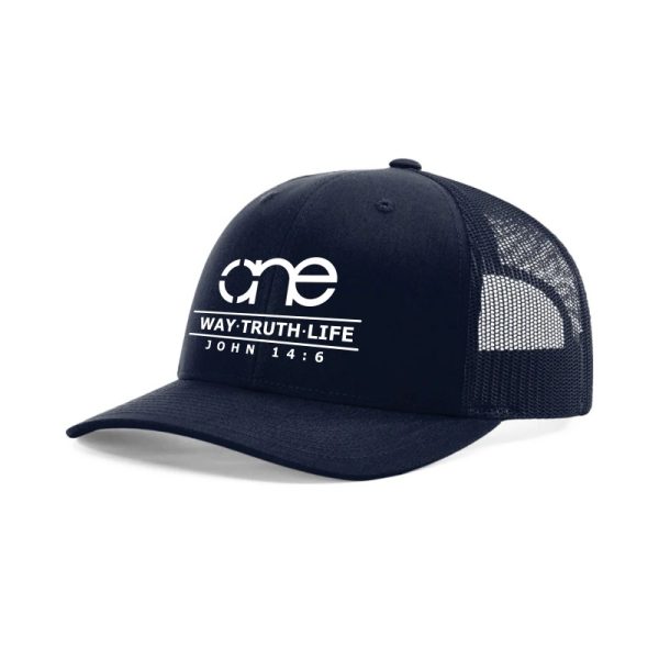 Navy Blue XL "One Way Truth Life" Trucker Hat with White logo, snapback, front side view.