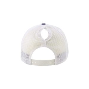 Violet and White "One" Trucker Hat with White logo, snapback with ponytail opening, back.