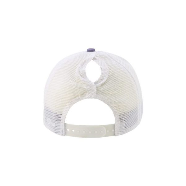 Violet and White "One" Trucker Hat with White logo, snapback with ponytail opening, back.