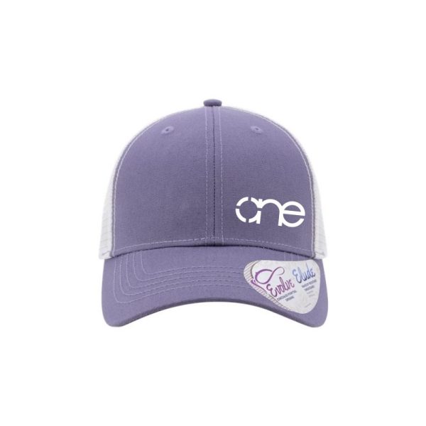 Violet and White "One" Trucker Hat with White logo, snapback with ponytail opening.