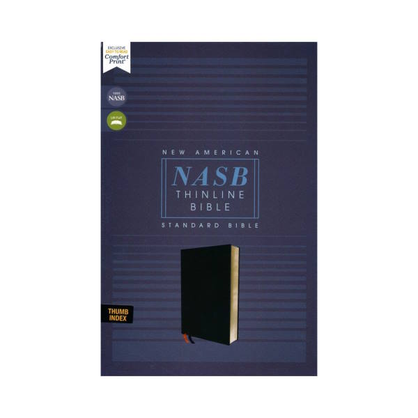 The NASB Thinline Thumb Indexed Bonded Leather Black Bible.