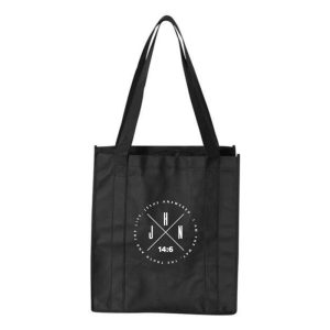 Black "John 14:6 Circular Design" heavyweight, shopping/grcery tote bag.