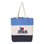 Carolina Blue, Natural, Navy Blue "I ♥ Jesus" Tri-Color, 100% Cotton Canvas, Tote Bag.