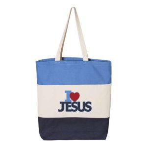 Carolina Blue, Natural, Navy Blue "I ♥ Jesus" Tri-Color, 100% Cotton Canvas, Tote Bag.