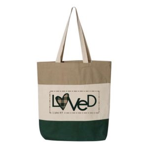 Forest Green, Natural, Khaki "Loved" Tri-Color, 100% Cotton Canvas, Tote Bag.