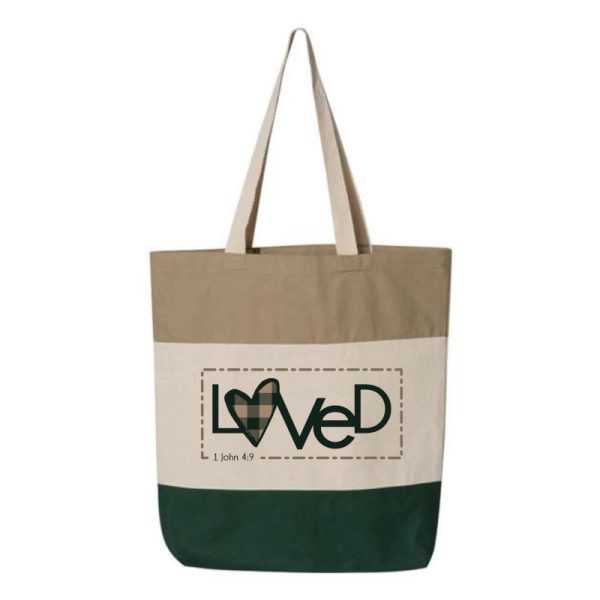 Forest Green, Natural, Khaki "Loved" Tri-Color, 100% Cotton Canvas, Tote Bag.