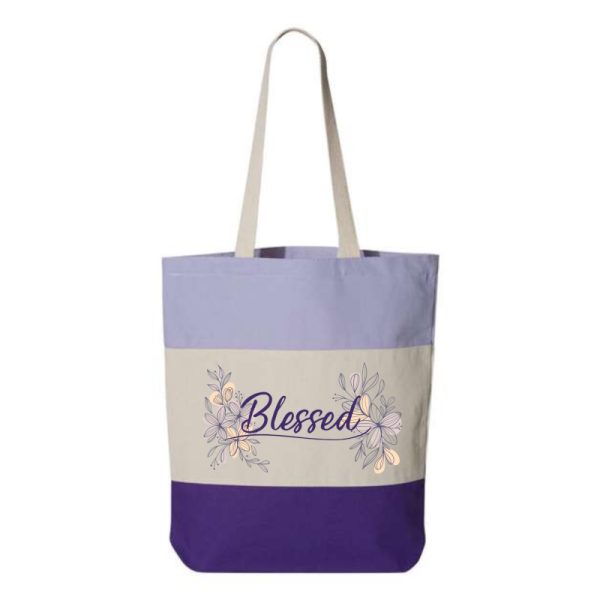 Q125900 - Tote Bag - VNP - Blessed Purple, Natural, Violet "Blessed" Tri-Color, 100% Cotton Canvas, Tote Bag.