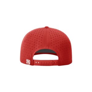 Red, water-resistent perforated, 6-Panel Hat, featuring the "One" logo in Red, structured bill, snap-back closure, back view.