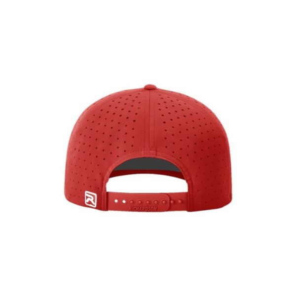 Red, water-resistent perforated, 6-Panel Hat, featuring the "One" logo in Red, structured bill, snap-back closure, back view.