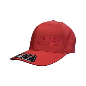 Red, water-resistent perforated, 6-Panel Hat, featuring the "One" logo in Red, structured bill, snap-back closure, front view.