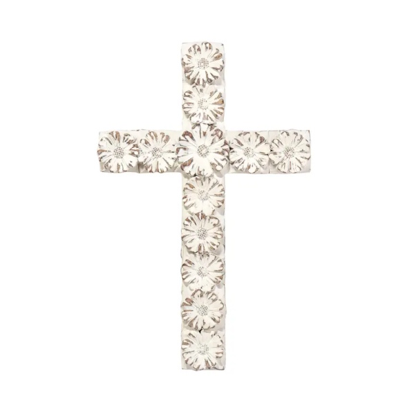 White Floral Resin Wall Cross.