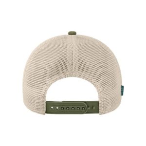 Olive and Light Khaki, Quilted, 6-Panel Trucker Hat, featuring the "One" logo in Light Khaki, structured bill, snap-back closure, back view.
