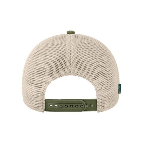 Olive and Light Khaki, Quilted, 6-Panel Trucker Hat, featuring the "One" logo in Light Khaki, structured bill, snap-back closure, back view.