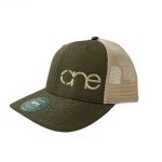 Olive and Light Khaki, Quilted, 6-Panel Trucker Hat, featuring the "One" logo in Light Khaki, structured bill, snap-back closure, front view.