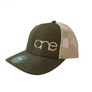 Olive and Light Khaki, Quilted, 6-Panel Trucker Hat, featuring the "One" logo in Light Khaki, structured bill, snap-back closure, front view.