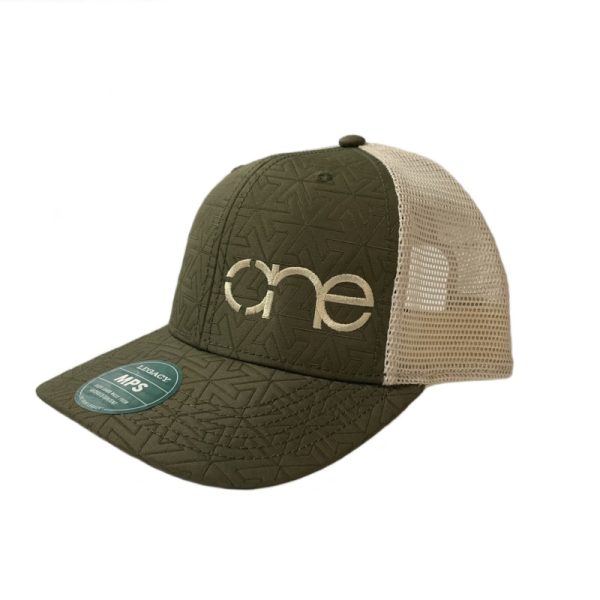 Olive and Light Khaki, Quilted, 6-Panel Trucker Hat, featuring the "One" logo in Light Khaki, structured bill, snap-back closure, front view. Olive and Light Khaki, Quilted, 6-Panel Trucker Hat, featuring the "One" logo in Light Khaki, structured bill, snap-back closure, front view.