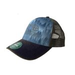 Old Favorite Five-Panel Trucker Cap with Blue Pine Trees, featuring the "OWTL" logo in Charcoal, structured bill, snap-back closure, front view.