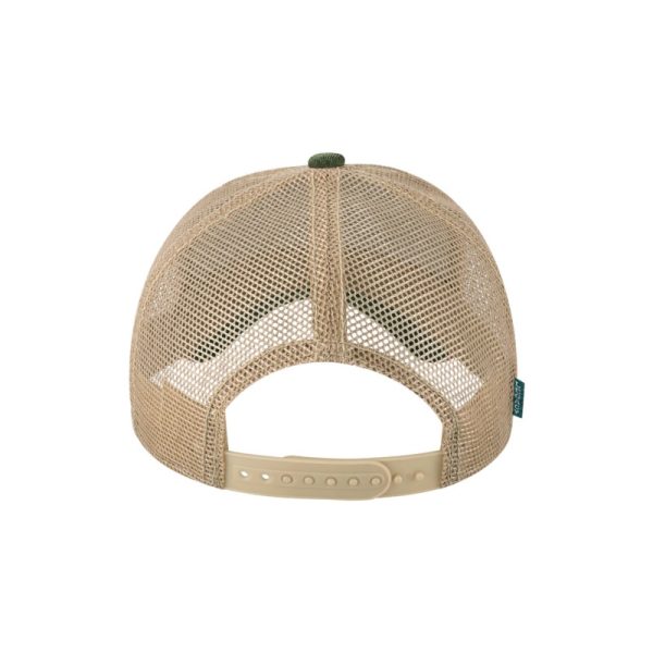 Old Favorite Five-Panel Trucker Cap with Green Pine Trees, featuring the "OWTL" logo in Khaki, structured bill, snap-back closure, back view.