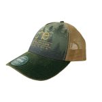 Old Favorite Five-Panel Trucker Cap with Green Pine Trees, featuring the "OWTL" logo in Khaki, structured bill, snap-back closure, front view.
