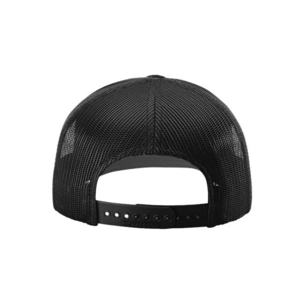 Black, tactical trucker, 6-Panel hat, featuring the "One" logo in Black, structured bill, snap-back closure, back view.