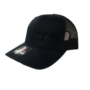Black, tactical trucker, 6-Panel hat, featuring the "One" logo in Black, structured bill, snap-back closure, front view.