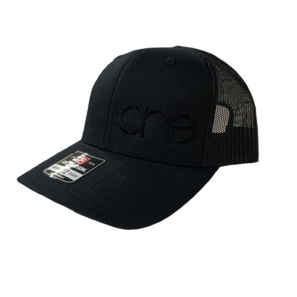 One 6P Black Tactical Trucker Snapback Cap, Front View. Black, tactical trucker, 6-Panel hat, featuring the "One" logo in Black, structured bill, snap-back closure, front view.