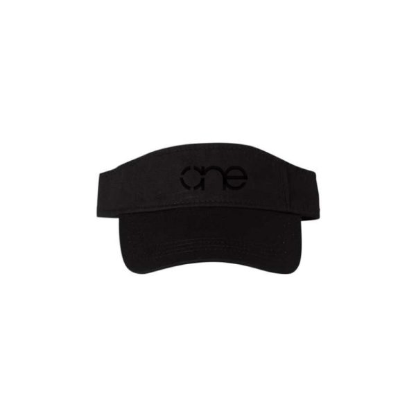 Black, Chino Twill Cotton Visor featuring the "One" logo in Black, with a structured bill and Hook-and-Loop closure, front view. Black, Chino Twill Cotton Visor featuring the "One" logo in Black, with a structured bill and Hook-and-Loop closure, front view.