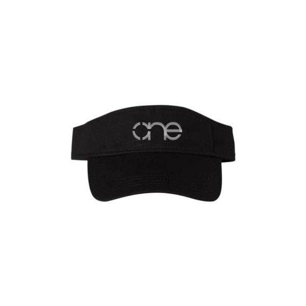 Black, Chino Twill Cotton Visor featuring the "One" logo in Silver, with a structured bill and Hook-and-Loop closure, front view. Black, Chino Twill Cotton Visor featuring the "One" logo in Silver, with a structured bill and Hook-and-Loop closure, front view.